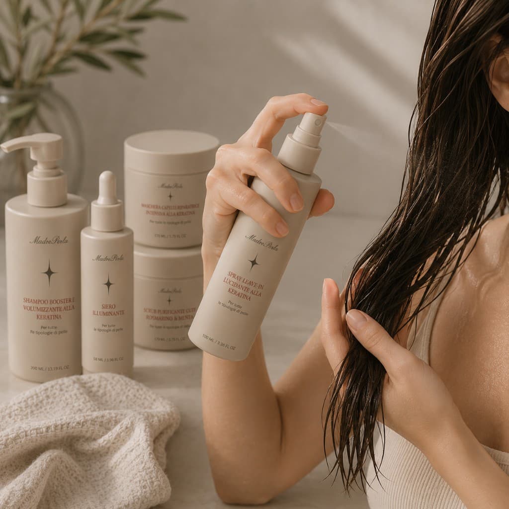 Spray leave-in MadrePerla applicato sui capelli
